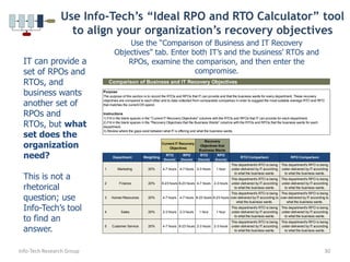 Info-Tech Research Group8No matter how lucky you are, disasters occur. Everyone is vulnerable and can benefit from some preparation.DR only becomes useful when all else has gone horribly wrong.“In business, the disaster isn't the act of God or fire that destroys property, but the loss of data and the inability to continue operations - THAT is the business disaster.“-Manager in the Publishing IndustryIt would be best for an organization if the value of its DR capabilities is never truly realized.  However, having DR ensures that an organization can (and knows how to) survive a disaster. If an organization invests a little now, it won’t lose nearly as much later.Unless you live in an impenetrable bubble, you will benefit from DR.Every organization that operates on the planet is at risk from one type of disaster or another.  An organization will find DR valuable whenever the cost of losing its IT operations is greater than the cost of creating and maintaining its DR capabilities. “It’s a relatively cheap insurance policy.”- Director in Consulting