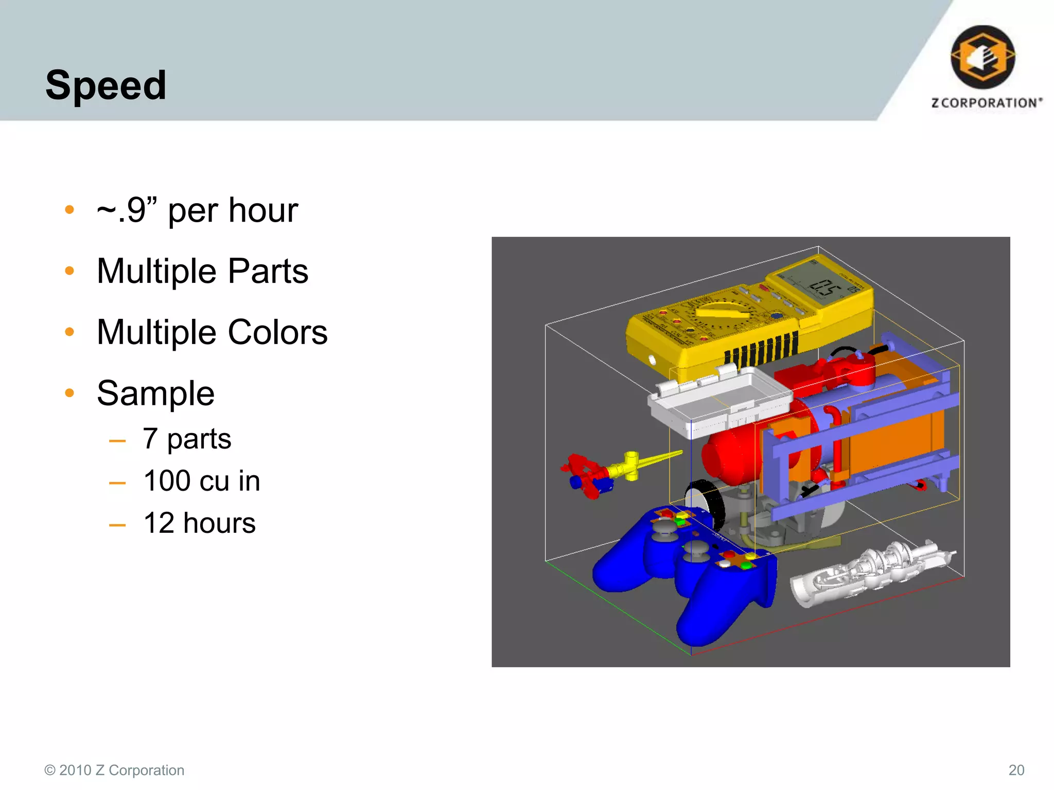 Speed
• ~.9” per hour
• Multiple Parts
• Multiple Colors

• Sample
– 7 parts
– 100 cu in
– 12 hours

© 2010 Z Corporation

20

 