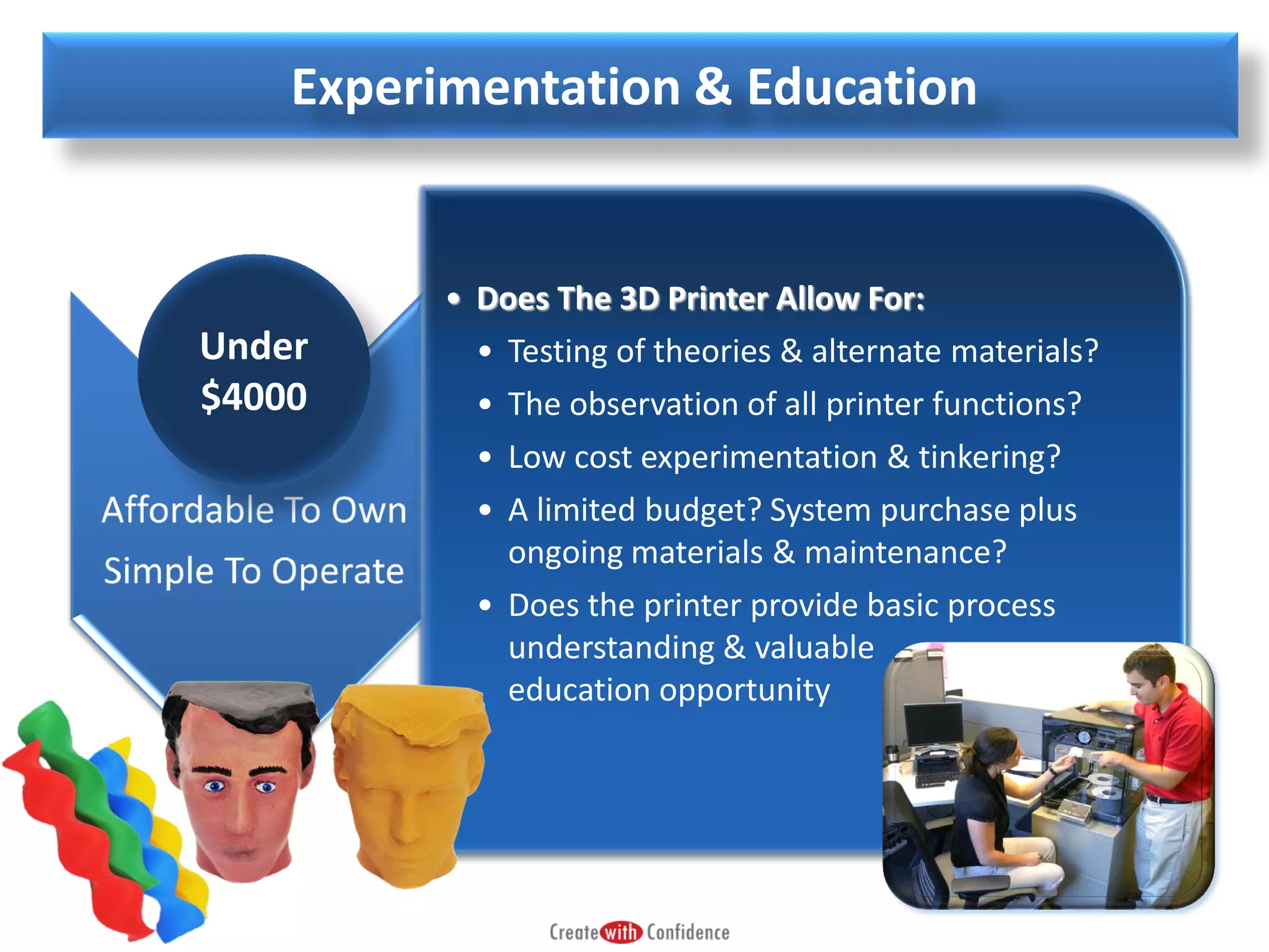 Experimentation & Education

Under
$4000

• Does The 3D Printer Allow For:
• Testing of theories & alternate materials?
• The observation of all printer functions?
• Low cost experimentation & tinkering?
• A limited budget? System purchase plus
ongoing materials & maintenance?
• Does the printer provide basic process
understanding & valuable
education opportunity

 