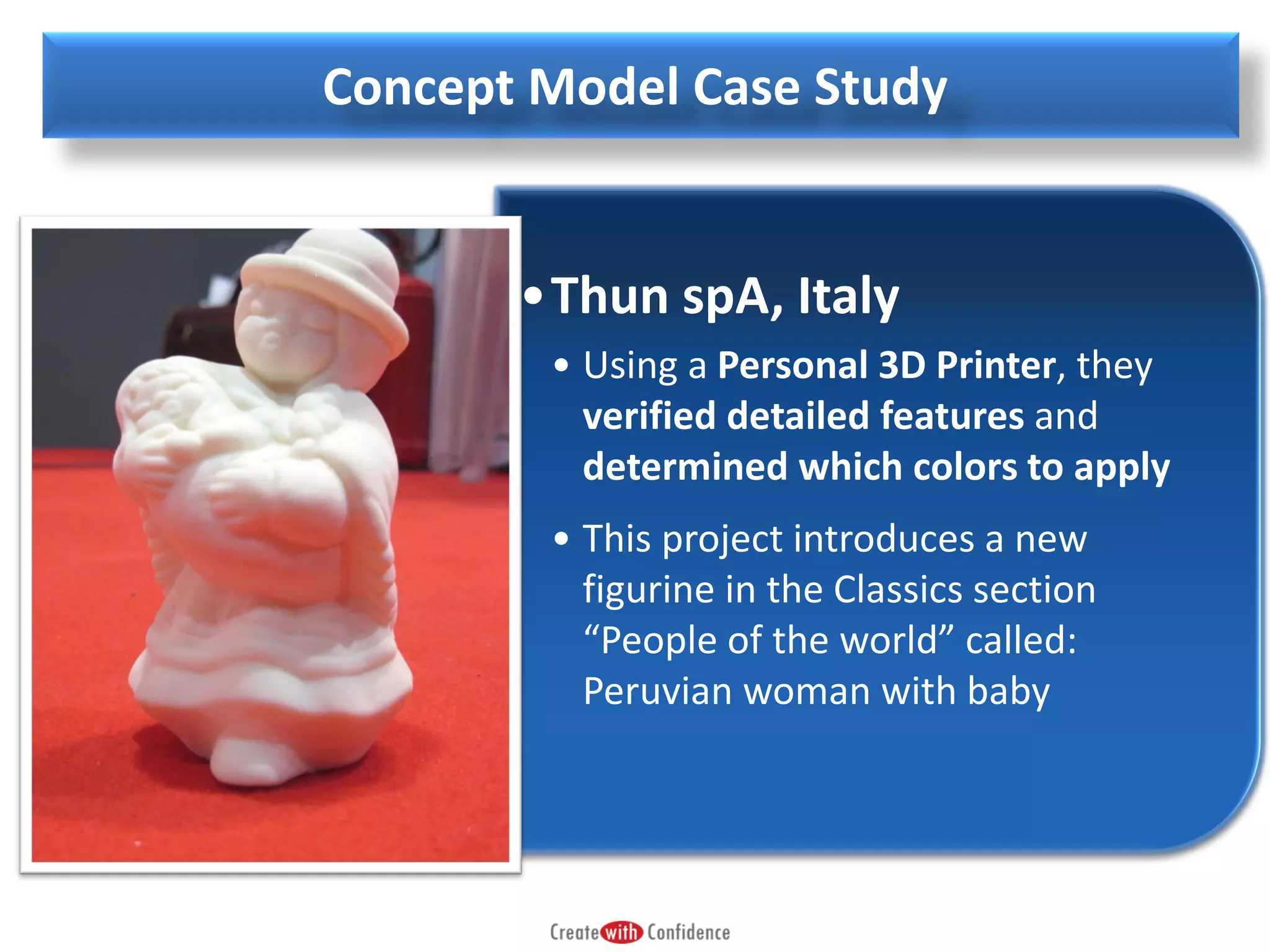 Concept Model Case Study

•Thun spA, Italy
• Using a Personal 3D Printer, they
verified detailed features and
determined which colors to apply
• This project introduces a new
figurine in the Classics section
“People of the world” called:
Peruvian woman with baby

 