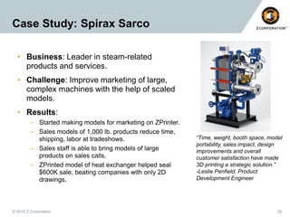 Case Study: Spirax Sarco
• Business: Leader in steam-related
products and services.
• Challenge: Improve marketing of large,
complex machines with the help of scaled
models.
• Results:
– Started making models for marketing on ZPrinter.
– Sales models of 1,000 lb. products reduce time,
shipping, labor at tradeshows.
– Sales staff is able to bring models of large
products on sales calls.
– ZPrinted model of heat exchanger helped seal
$600K sale, beating companies with only 2D
drawings.

© 2010 Z Corporation

“Time, weight, booth space, model
portability, sales impact, design
improvements and overall
customer satisfaction have made
3D printing a strategic solution.”
-Leslie Penfield, Product
Development Engineer

26

 