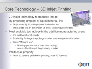 Core Technology – 3D Inkjet Printing
• 2D inkjet technology reproduces image
by propelling droplets of liquid material, Ink
– Objet uses liquid photopolymer instead of ink
– Objet adds the 3rd dimension (z-axis) to reproduce models

• Most scalable technology in the additive manufacturing arena
– Via additional print-heads
– Scalability for large trays, large models and multiple small models
– Inkjet “Moore‟s law”
• Growing performance over time relying
on a multi-billion printing industry market

• Intellectual property:
– Over 50 patents granted or pending, over 70 licensed

 