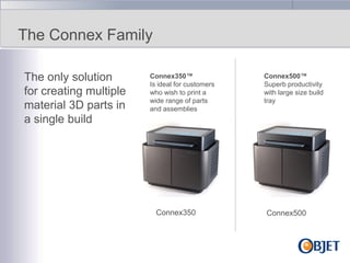 The Connex Family
The only solution
for creating multiple
material 3D parts in
a single build

Connex350™
Is ideal for customers
who wish to print a
wide range of parts
and assemblies

Connex350

Connex500™
Superb productivity
with large size build
tray

Connex500

 