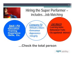 12


                Hiring the Super Performer –
                    includes...Job Matching

                  Company Fit           Job Match
 Skill / Fit                          • Learning Index
•Education        •Attitudes,Values
•Training         •Demeanour          • Behavioral Traits
•Experience
 Experience       •Appearance
                   A                  • Occupational Interest
•Skills, Etc.     • Integrity



           …Check the total person
                            p
 