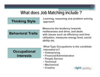 13


      What does Job Matching include ?
        at           atc g c ude
                    Learning, reasoning and problem solving
 Thinking Style     approach

                    Measures the tendency towards
                    restlessness and drive, and deals
Behavioral Traits   with i
                      ith issues such as efficiency and time
                                    h     ffi i       d ti
                    utilization, measures energy level, social
                    ability etc.

                    What Type Occupations is the candidate
                    interested in?
  Occupational
       p             Enterprising
    Interests       • Financial/Administrative
                    • People Service
                    • Technical
                    • Mechanical
                    • Creative
 
