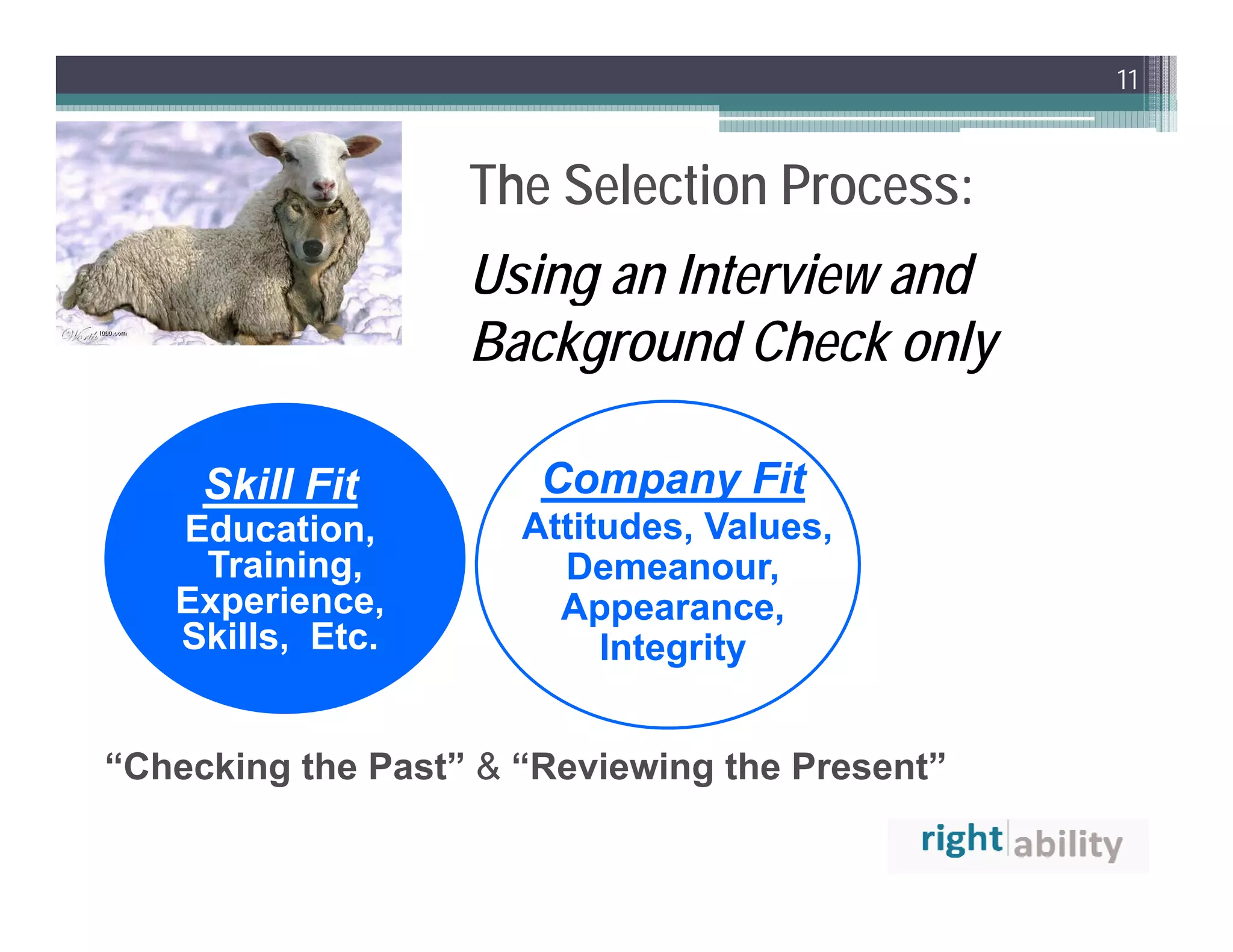11



                   The Selection Process:
                   Using an Interview and
                       g
                   Background Check only

     Skill Fit         Company Fit
   Education,
   Education          Attitudes, Values,
    Training,           Demeanour,
   Experience,          Appearance,
   Skills, Etc.            Integrity


“Checking the Past” & “Reviewing the Present
 Checking     Past     Reviewing     Present”
 