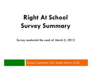 Right At School
   Survey Summary
Survey conducted the week of March 5, 2012




       Dunlap Community Unit School District #323
 