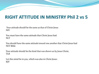RIGHT ATTITUDE IN MINISTRY Phil 2 vs 5
Your attitude should be the same as that of Christ Jesus
NIV
You must have the same attitude that Christ Jesus had.
NLT
You should have the same attitude toward one another that Christ Jesus had
NET Bible
Your attitude should be the kind that was shown us by Jesus Christ,
TLB
Let this mind be in you, which was also in Christ Jesus:
KJV
 