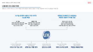 WHAT. 챗봇/AI 스피커 서비스의 이해
챗봇/AI 스피커 서비스는 UX의 역할로 문제 해결과 새로운 경험의 가치를 전달하여 서비스의 품질을 극대화 함
UX를 통한 서비스 품질 극대화
AI 서비스의 특성을 반영한
가치 있고 설득력 있는
서비스 및 기능 고려
기존 채널과의 연계 및
독립 채널로써의
균형 있는 역할 정의
의인화 요소를 부여한
개성 있는 Persona로
감성 요소 충족
자연스러운 대화 흐름을
유지할 수 있는
대화 시나리오 설계
답변으로 제공되는
정보 및 콘텐츠의
적절성/효율성 확보
AI기술 한계와 사용자 기대 사이의
Gap을 해결
사용자 기대
사람처럼 자연스러운 대화
모든 것을 다 해결해 줄 수
있을 것 같은 존재
↔
AI 기술
자연스럽지 못한 대화 진행
데이터 셋에 따라 제공하는
기능 및 서비스 한계
대화형 인터페이스가 제공하는
새로운 경험과 가치를 전달
화면이 없거나 축소됨
UI보다 내용과 흐름 중요
맥락 기반의 콘텐츠와 경험
사용자를 집중시키는 좁은 인터랙션
 