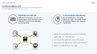 WHO. 라이트브레인 소개
AI 스피커 VUX 선행 연구. 2015
AI 서비스 제공을 위한 준비의 시작 VUX Guide
• 언어학, 음성 인터랙션에 대한 논문 등의 연구 문헌 분석
• 경쟁사 제품, VUI, 가이드라인 분석
• AI 서비스에 대한 사용자 태도 및 이용 컨텍스트 분석
• 언어/비언어 표현, 발화 등 한국 사용자의 언어 특성 분석
• 음성 AI 서비스를 위한 VUX 가이드 제작
한국어에 맞는 VUX 가이드 제작
해외에 음성 AI 서비스(알렉사, 시리, 코타나)가
등장하는 시점에서, 한국어 기반의 음성 AI 서비스
도입을 위해 VUI 및 한국어의 특수성을 반영한
VUX 가이드를 제작함
AI 서비스에 대한 한국 사용자 특성 파악
필드 리서치를 통해 음성 AI 서비스에 대한
사용자의 태도, 수용도, 기대 수준 등을 파악하여
한국 사용자에게 적합한 AI 서비스 개발을 위한
기준점을 마련함
언어학 특성 사용자 특성
VUX 가이드
컨텍스트인터랙션
 