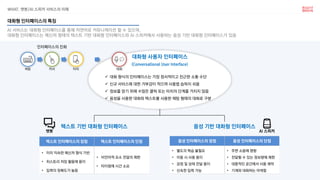 WHAT. 챗봇/AI 스피커 서비스의 이해
AI 서비스는 대화형 인터페이스를 통해 자연어로 커뮤니케이션 할 수 있으며,
대화형 인터페이스는 메신저 형태의 텍스트 기반 대화형 인터페이스와 AI 스피커에서 사용하는 음성 기반 대화형 인터페이스가 있음
대화형 인터페이스의 특징
음성 기반 대화형 인터페이스텍스트 기반 대화형 인터페이스
텍스트 인터페이스의 장점 텍스트 인터페이스의 단점
• 이미 익숙한 메신저 형식 기반
• 히스토리 저장 활용에 용이
• 입력의 정확도가 높음
• 비언어적 요소 전달의 제한
• 타이핑에 시간 소요
음성 인터페이스의 장점 음성 인터페이스의 단점
• 별도의 학습 불필요
• 이동 시 사용 용이
• 감정 및 상태 전달 용이
• 신속한 입력 가능
• 주변 소음에 영향
• 전달할 수 있는 정보량에 제한
• 대중적인 공간에서 사용 제약
• 기계와 대화하는 어색함
챗봇 AI 스피커
✓ 대화 형식의 인터페이스는 가장 정서적이고 친근한 소통 수단
✓ 신규 서비스에 대한 거부감이 적으며 사용법 습득이 쉬움
✓ 정보를 얻기 위해 수많은 클릭 또는 터치의 단계를 거치지 않음
✓ 음성을 사용한 대화와 텍스트를 사용한 채팅 형태의 대화로 구분
대화형 사용자 인터페이스
(Conversational User Interface)
커서버튼 터치 대화
인터페이스의 진화
 