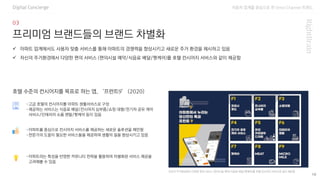 자동차 업계를 중심으로 한 Omni Channel 트랜드
10
프리미엄 브랜드들의 브랜드 차별화
Digital Concierge
-고급 호텔의 컨시어지를 아파트 생활서비스로 구성
-제공하는 서비스는 식음료 배달/컨시어지 심부름/쇼핑 대행/전기차 공유 케어
서비스/인테리어 소품 렌탈/펫케어 등이 있음
✓ 아파트 업계에서도 사용자 맞춤 서비스를 통해 아파트의 경쟁력을 향상시키고 새로운 주거 환경을 제시하고 있음
✓ 자신의 주거환경에서 다양한 편의 서비스 (편의시설 예약/식음료 배달/펫케어)를 호텔 컨시어지 서비스와 같이 제공함
호텔 수준의 컨시어지를 목표로 하는 앱, ‘프런트9’ (2020)
자신의 주거환경에서 다양한 편의 서비스 (편의시설 예약/식음료 배달/펫케어)를 호텔 컨시어지 서비스와 같이 제공함
-아파트를 중심으로 컨시어지 서비스를 제공하는 새로운 솔루션을 제안함
-전문가의 도움이 필요한 서비스들을 제공하여 생활의 질을 향상시키고 있음
-아파트라는 특성을 반영한 커뮤니티 전략을 활용하여 차별화된 서비스 제공을
고려해볼 수 있음
 