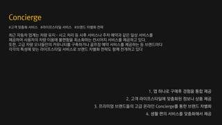 최근 자동차 업계는 차량 유지·사고 처리 등 사후 서비스나 주차 예약과 같은 일상 서비스를
제공하여 사용자의 차량 이용에 불편함을 최소화하는 컨시어지 서비스를 제공하고 있다.
또한, 고급 차량 오너들만의 커뮤니티를 구축하거나 골프장 예약 서비스를 제공하는 등 브랜드마다
각각의 특성에 맞는 라이프스타일 서비스로 브랜드 차별화 전략도 함께 전개하고 있다
#고객 맞춤화 서비스 #라이프스타일 서비스 #브랜드 차별화 전략
1. 앱 하나로 구매후 경험을 통합 제공
2. 고객 라이프스타일에 맞춤화된 정보나 상품 제공
3. 프리미엄 브랜드들의 고급 온라인 Concierge를 통한 브랜드 차별화
4. 생활 편의 서비스를 맞춤화해서 제공
 