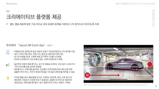 자동차 업계를 중심으로 한 Omni Channel 트랜드
(출처: https://newsroom.porsche.com/en/2021/innovation/porsche-taycan-ar-event-app-24426.html)
32
크리에이티브 플랫폼 제공
-차량을 AR로 살펴보며 음성 녹음과 녹화가 가능해 콘텐츠의 2차 창작을 도움
-내부 구조와 작동 원리, 주행 거리, 충전 등 차량 정보 파악가능
-공기의 흐름을 AR로 구현해 차량 공기역학 구조를 시각화함
-비포장 도로에서의 가상 주행과 같은 그래픽 콘텐츠추가 예정
✓ 별도 앱을 제공해 일반 가상 모터쇼 대비 상세한 탐색을 지원하고 2차 창작으로 이어지도록 지원
포르쉐의 ‘Taycan AR Event App’ (2021)
-일반적인 차량의 재원 뿐 아닌, 공기의 흐름을 보여주는 것과 같이 스포츠카가
가진 이미지를 한층 강하게 전달함
-정보를 얻고, 콘텐츠를 생산하는 선순환이 이루어짐에 따라 제조사에 의한
일률적 PR이 아닌, 각자의 개성과 특성을 가진 홍보 콘텐츠를 제작할 수 있음
-이러한 툴을 AR이 활성화될 것으로 기대하는 영역(예: 정비, 교육 등)으로
확장하여, 작업자가 다양한 변수가 발생하는 상황에 즉각적으로 대응하여
현장감있는 콘텐츠를 생산할 수 있는 방향으로의 서비스 확장이 기대됨
Metaverse
 