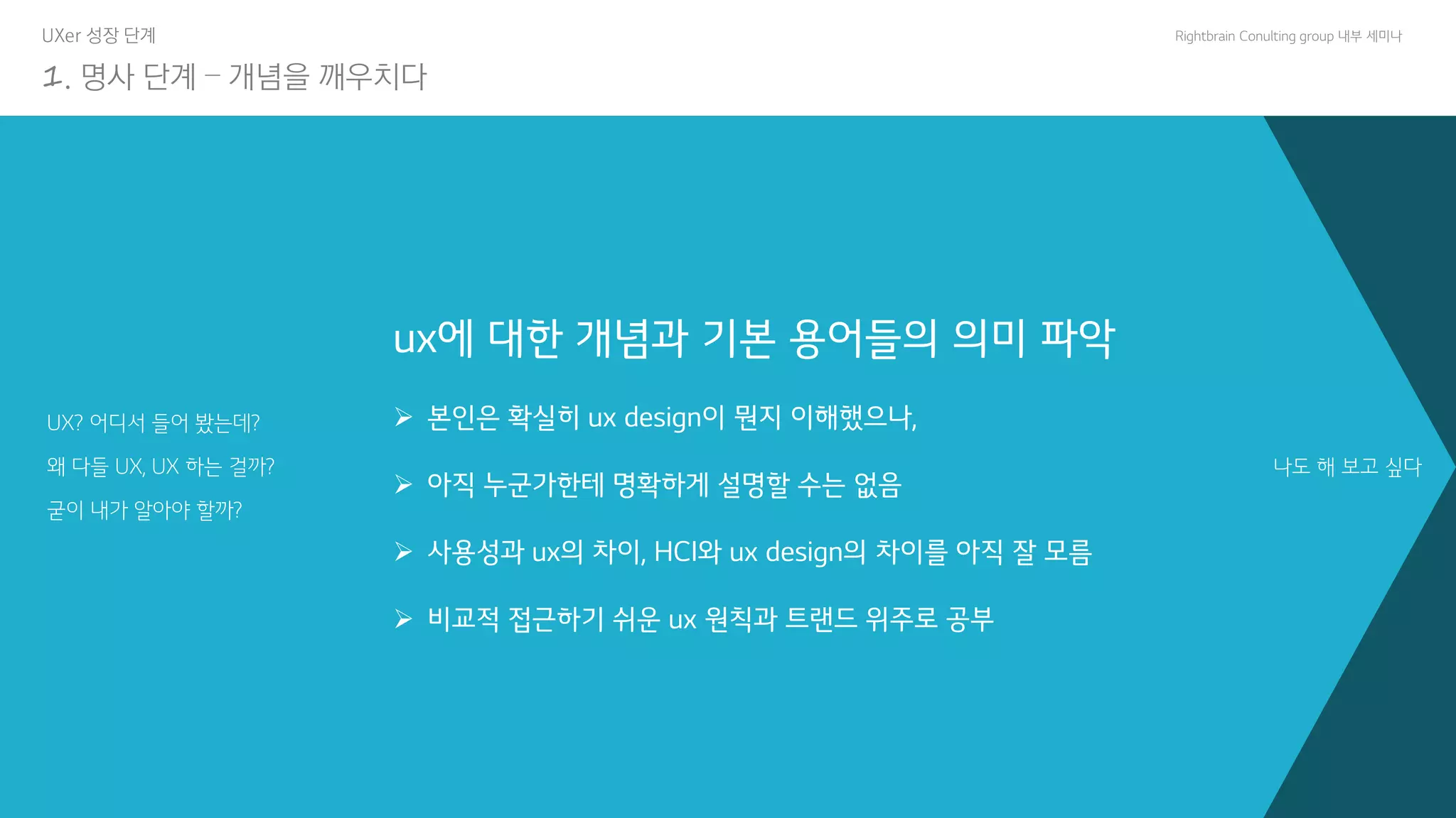 Copyright© All rights reserved 조성봉 3
Rightbrain Conulting group 내부 세미나
UXer 성장 단계
1. 명사 단계 – 개념을 깨우치다
UX? 어디서 들어 봤는데?
왜 다들 UX, UX 하는 걸까?
굳이 내가 알아야 할까?
ux에 대한 개념과 기본 용어들의 의미 파악
➢ 본인은 확실히 ux design이 뭔지 이해했으나,
➢ 아직 누군가한테 명확하게 설명할 수는 없음
➢ 사용성과 ux의 차이, HCI와 ux design의 차이를 아직 잘 모름
➢ 비교적 접근하기 쉬운 ux 원칙과 트랜드 위주로 공부
나도 해 보고 싶다
 