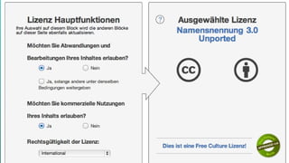 Wie macht man eine CC-Lizenz?
l 

3 Klicks zur weltweit gültigen Lizenz – Gratis!

 
