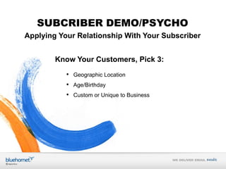 SUBCRIBER DEMO/PSYCHO
Applying Your Relationship With Your Subscriber

Know Your Customers, Pick 3:
•
•
•

Geographic Loca...