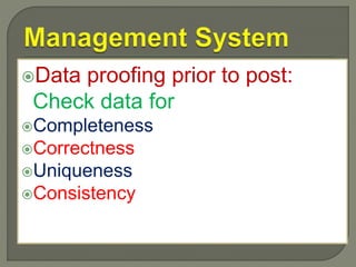 Data proofing prior to post:
Check data for
Completeness
Correctness
Uniqueness
Consistency
 