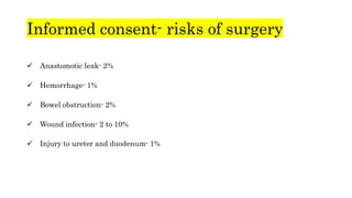 Informed consent- risks of surgery
 Anastomotic leak- 2%
 Hemorrhage- 1%
 Bowel obstruction- 2%
 Wound infection- 2 to 10%
 Injury to ureter and duodenum- 1%
 