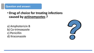Question and answer:
•Drug of choice for treating infections
caused by actinomycetes ?
a) Amphotericin B
b) Co-trimoxazole
c) Penicillin
d) Itraconazole
 