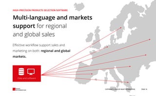 Data and software
Multi-language and markets
support for regional
and global sales
Effective workflow support sales and
marketing on both: regional and global
markets.
COPYRIGHT © 2020 BY RIGHT INFORMATION PAGE 16
 