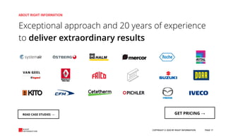 Exceptional approach and 20 years of experience
to deliver extraordinary results
COPYRIGHT © 2020 BY RIGHT INFORMATION PAGE 17
READ CASE STUDIES → GET PRICING →
 
