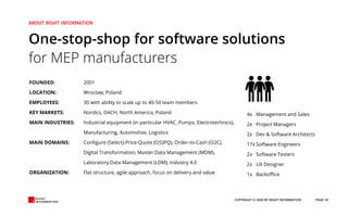 FOUNDED:
LOCATION:
EMPLOYEES:
KEY MARKETS:
MAIN INDUSTRIES:
MAIN DOMAINS:
ORGANIZATION:
2001
Wroclaw, Poland
30 with ability to scale up to 40-50 team members
Nordics, DACH, North America, Poland
Industrial equipment (in particular HVAC, Pumps, Electrotechnics),
Manufacturing, Automotive, Logistics
Configure (Select)-Price-Quote (C(S)PQ), Order-to-Cash (O2C),
Digital Transformation, Master Data Management (MDM),
Laboratory Data Management (LDM), Industry 4.0
Flat structure, agile approach, focus on delivery and value
4x Management and Sales
2x Project Managers
2x Dev & Software Architects
17x Software Engineers
2x Software Testers
2x UX Designer
1x Backoffice
One-stop-shop for software solutions
for MEP manufacturers
COPYRIGHT © 2020 BY RIGHT INFORMATION PAGE 18
 