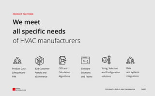 COPYRIGHT © 2020 BY RIGHT INFORMATION PAGE 5
We meet
all specific needs
of HVAC manufacturers
Product Data
Lifecycle and
PIM
B2B Customer
Portals and
eCommerce
CFD and
Calculation
Algorithms
Software
Solutions
and Teams
Sizing, Selection
and Configuration
solutions
Data
and systems
integrations
 