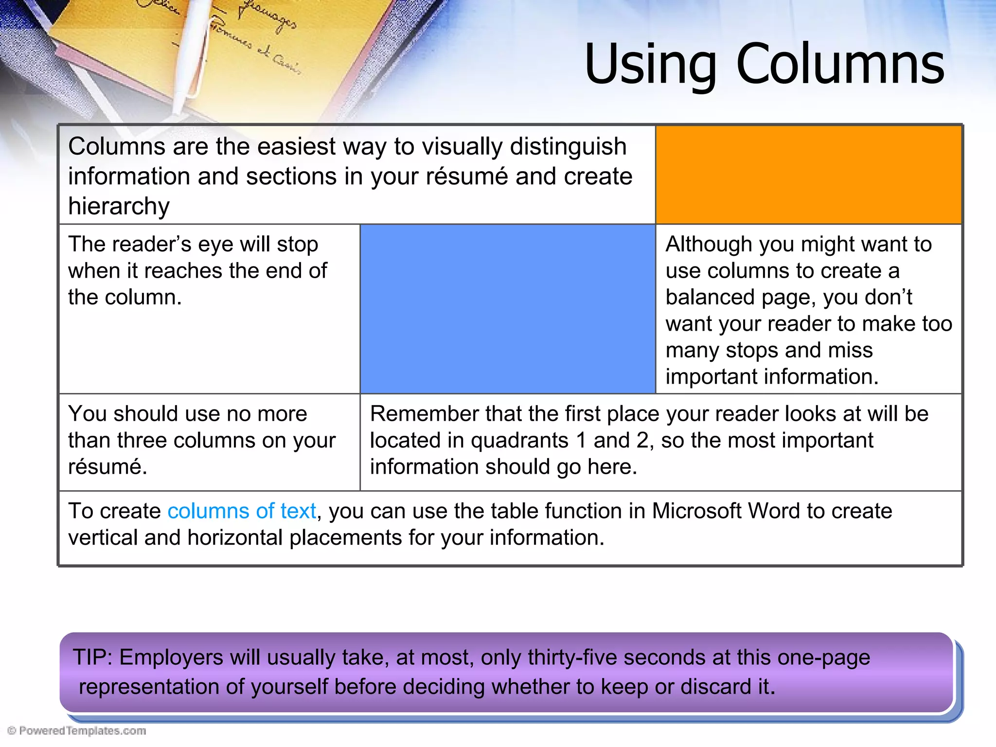 Using Columns TIP: Employers will usually take, at most, only thirty-five seconds at this one-page  representation of yourself before deciding whether to keep or discard it .  Remember that the first place your reader looks at will be located in quadrants 1 and 2, so the most important information should go here.  You should use no more than three columns on your résumé. Columns are the easiest way to visually distinguish information and sections in your résumé and create hierarchy To create  columns of text , you can use the table function in Microsoft Word to create vertical and horizontal placements for your information. Although you might want to use columns to create a balanced page, you don’t want your reader to make too many stops and miss important information. The reader’s eye will stop when it reaches the end of the column. 