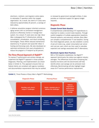 short-term, mid-term, and long-term action plans                           or reviewed by government oversight entities. It also
    to rationalize IT operation within the merged                              provides an important support for agency budget
    organization. As a result, the client’s IT costs were                      requests.
    reduced by approximately 20 percent, a savings of
    $43 million.                                                               Diagnostic Phase
•	 A	defense	acquisition	program	inherited	numerous	                           Compile Current State Baseline
   aging servers with no centralized management                                A comprehensive understanding of IT expenditures is
   process to effectively monitor or manage their                              important to create a current state baseline. Through
   system. As a result, IT costs were very high. Booz                          careful navigation of multiple appropriation baselines,
   Allen re-designed the IT infrastructure utilizing                           financial systems, and execution vehicles, Booz Allen
   consolidation, virtualization, and cloud computing                          can compile a comprehensive IT cost baseline. During
   technologies. These efforts reduced maintenance                             the initial diagnostic phase, we also establish a series
   downtime by 75 percent and saved $6 million in                              of per-unit costs (e.g., power consumption per server
   hosting and licensing costs. We also developed an                           and cost per user), which are then used to calculate
   optimized architecture that used virtualization to                          expected cost savings associated with IT alternatives.
   reduce the program’s IT footprint by 83 percent.
                                                                               Benchmark Against Best Practices
The Three-Phased Approach of RightIT™                                          With a TCO baseline established, the RightIT™
To improve IT performance and achieve savings, we                              approach benchmarks the status quo against industry
implement the RightIT™ approach in three phases:                               averages. The differences found when comparing the
Diagnostic, Planning, and Implementation (as shown                             baseline line-items with the benchmarks will help
below in Exhibit 3). This approach ensures that our                            identify where cost savings can be achieved most
federal clients are compliant with agency mandates                             effectively. Benchmarking will also highlight target
and documentation requirements that may be audited                             areas for IT service performance improvement.


Exhibit 3 | Three Phases of Booz Allen’s RightIT™ Methodology

                                                                                                   Implementation
                                Diagnostic Phase                      Planning Phase                   Phase


                                                                                                        Delivers
                                                                                                      improved IT
                              Identi es each client’s             Builds a detailed plan to
                                                                                                      performance
                               unique IT challenges               address the challenges
                                                                                                      and creates
                                                                                                        savings



                                                                                                       Implement
                   Compile                                                            Deliver
                                   Benchmark        Develop       Prepare                              Ef ciencies
                   Current                                                          Ef ciency
                                   Against Best     Strategic   Analysis of                                 and
                    State                                                         Implementation
                                    Practices       Options     Alternatives                           Technology
                   Baseline                                                            Plan
                                                                                                        Initiatives




Source: Booz Allen Hamilton



                                                                                                                                          4
 