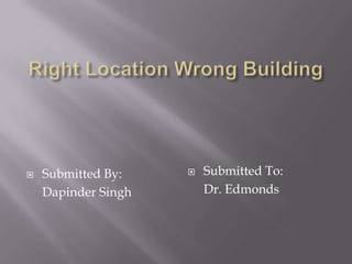 Right Location Wrong Building Submitted To:      Dr. Edmonds Submitted By:      Dapinder Singh 