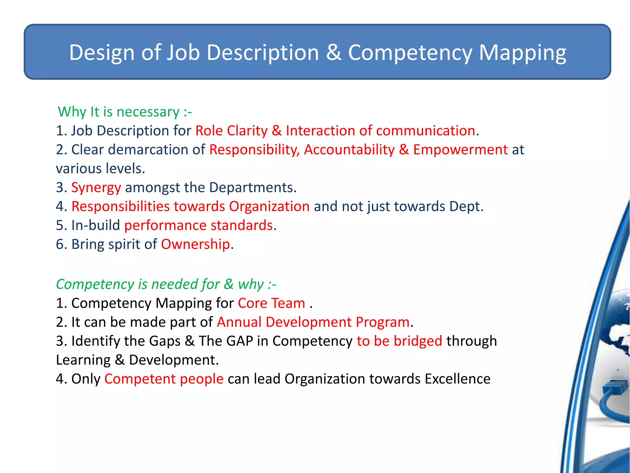 Design of Job Description & Competency Mapping
Why It is necessary :-
1. Job Description for Role Clarity & Interaction of communication.
2. Clear demarcation of Responsibility, Accountability & Empowerment at
various levels.
3. Synergy amongst the Departments.
4. Responsibilities towards Organization and not just towards Dept.
5. In-build performance standards.
6. Bring spirit of Ownership.
Competency is needed for & why :-
1. Competency Mapping for Core Team .
2. It can be made part of Annual Development Program.
3. Identify the Gaps & The GAP in Competency to be bridged through
Learning & Development.
4. Only Competent people can lead Organization towards Excellence
 