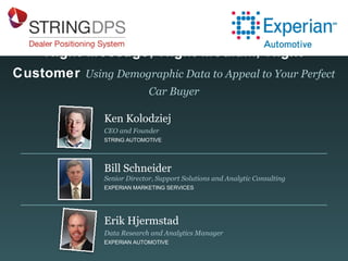 Right Message, Right Medium, Right 
Customer Using Demographic Data to Appeal to Your Perfect 
Car Buyer 
Ken Kolodziej 
CEO and Founder 
STRING AUTOMOTIVE 
Bill Schneider 
Senior Director, Support Solutions and Analytic Consulting 
EXPERIAN MARKETING SERVICES 
Erik Hjermstad 
Data Research and Analytics Manager 
EXPERIAN AUTOMOTIVE 
 