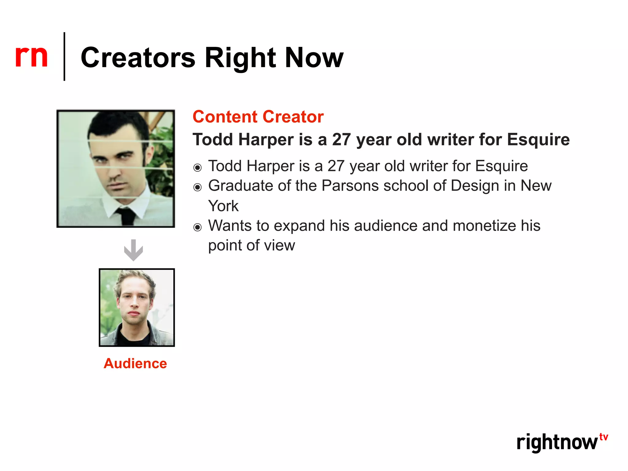 Creators Right Now
            Content Creator
            Todd Harper is a 27 year old writer for Esquire
            ๏ Todd Harper is a 27 year old writer for Esquire
            ๏ Graduate of the Parsons school of Design in New
              York
            ๏ Wants to expand his audience and monetize his
              point of view




 Audience
 