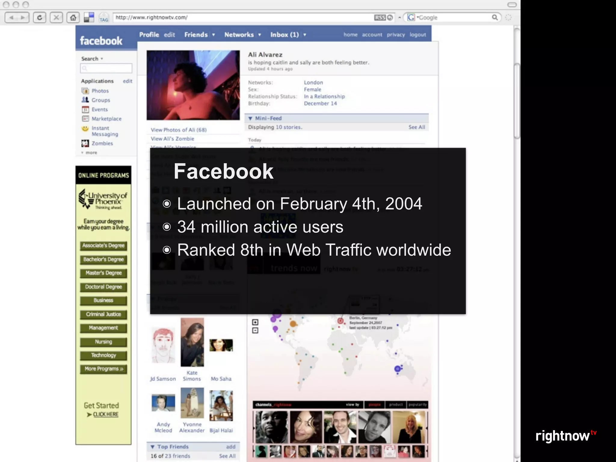 Facebook
๏ Launched on February 4th, 2004
๏ 34 million active users
๏ Ranked 8th in Web Traffic worldwide
 
