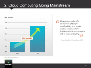 2. Cloud Computing Going Mainstream!




                              “
                                  The economic gains, the
                                  environmental benefits
                                  and the ability to provision
                                  services on demand are
                                  key factors in the government’s
                                  shift to cloud computing.


                                                            ”
                                  - Vivek Kundra, White House CIO




Cloud Services Market (IDC)




                                                                    10
 