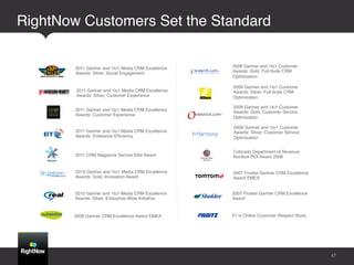 RightNow Customers Set the Standard!

        2011 Gartner and 1to1 Media CRM Excellence    2008 Gartner and 1to1 Customer
        Awards: Silver, Social Engagement!            Awards: Gold, Full-Suite CRM
                                                      Optimization !

                                                      2008 Gartner and 1to1 Customer
        2011 Gartner and 1to1 Media CRM Excellence    Awards: Silver, Full-Suite CRM
        Awards: Silver, Customer Experience!          Optimization!

                                                      2008 Gartner and 1to1 Customer
        2011 Gartner and 1to1 Media CRM Excellence    Awards: Gold, Customer Service
        Awards: Customer Experience!
                                                      Optimization !

                                                      2008 Gartner and 1to1 Customer
        2011 Gartner and 1to1 Media CRM Excellence    Awards: Silver, Customer Service
        Awards: Enterprise Efﬁciency!                 Optimization !


                                                      Colorado Department of Revenue 
        2011 CRM Magazine Service Elite Award!        Nucleus ROI Award 2008!


        2010 Gartner and 1to1 Media CRM Excellence    2007 Finalist Gartner CRM Excellence  
        Awards: Gold, Innovation Award!               Award EMEA!


        2010 Gartner and 1to1 Media CRM Excellence    2007 Finalist Gartner CRM Excellence
        Awards: Silver, Enterprise-Wide Initiative!   Award !



        2009 Gartner CRM Excellence Award EMEA!       #1 in Online Customer Respect Study!




                                                                                               17
 