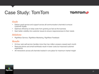 Case Study: TomTom!
   Goals
   •  Deliver great service and support across all communication channels to ensure
      customer loyalty !
   •  Optimize efﬁciency to keep costs from growing as fast as the business !
   •  Gain better visibility into customer issues to ensure responsiveness to their needs !

   Solutions
   •  RightNow Service, RightNow Marketing, RightNow Feedback!

   Results
   •  24-hour web self-service handles more than two million answers viewed each month !
   •  Reduced phone and email workloads result in lower costs but improved customer
      experience !
   •  All interactions across all channels tracked in one place for maximum market insight!




                                                                                              36
 
