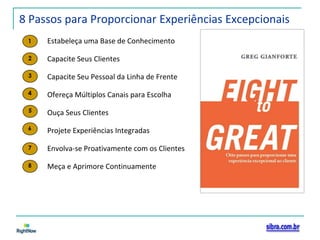 8 Passos para Proporcionar Experiências ExcepcionaisEstabeleça uma Base de ConhecimentoCapacite Seus ClientesCapacite Seu Pessoal da Linha de FrenteOfereça Múltiplos Canais para EscolhaOuça Seus ClientesProjete Experiências IntegradasEnvolva-se Proativamente com os ClientesMeça e Aprimore Continuamente