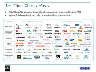 Benefícios – Clientes e CasesO RightNow CX é amplamente reconhecido como solução líder na indústria de CRM Mais de 2.000 organizações ao redor do mundo utilizam nossas soluções