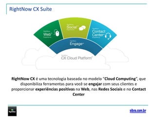 RightNow CX SuíteRightNow CX é uma tecnologia baseada no modelo “CloudComputing”, que disponibiliza ferramentas para você se engajar com seus clientes e proporcionar experiências positivas na Web, nas Redes Sociais e no Contact Center