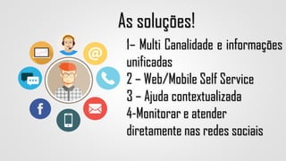 As soluções!
1– Multi Canalidade e informações
unificadas
2 – Web/Mobile Self Service
3 – Ajuda contextualizada
4-Monitorar e atender
diretamente nas redes sociais
 