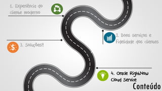 Conteúdo
1. Experiência do
cliente moderno
3. Soluções!!
4. Oracle RightNow
Cloud Service
2. Bons serviços e
fidelidade dos clientes
 