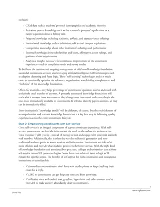 includes:

             · CRM data such as students’ personal demographics and academic histories
             · Real-time process knowledge such as the status of a prospect’s application or a
               parent’s question about a billing item
             · Program knowledge including academic, athletic, and extracurricular offerings
             · Institutional knowledge such as admission policies and campus regulations
             · Competitive knowledge about other institution’s offerings and performance
             · External knowledge about scholarships and loans, affirmative action rulings, and
               graduate school requirements
             · Analytical insights necessary for continuous improvement of the constituent
               experience—such as complaint trends and survey results
       To facilitate the creation and ongoing management of this broad knowledge foundation,
       successful institutions are now also leveraging artificial intelligence (AI) technologies such
       as adaptive clustering and fuzzy logic. These “self-learning” technologies make it much
       easier to continually optimize the relevance, organization, searchability, completeness, and
       “freshness” of the knowledge foundation.

       Often, for example, a very large percentage of constituents’ questions can be addressed with
       a relatively small number of answers. A properly automated knowledge foundation will
       track which answers these are—even as they change over time—and make sure they’re the
       ones most immediately available to constituents. It will also identify gaps in content, so they
       can be immediately filled.

       Every institution’s “knowledge profile” will be different, of course. But the establishment of
       a comprehensive and relevant knowledge foundation is a key first step in delivering quality
       experiences across the entire constituent lifecycle.

       Step 2: Empowering constituents with self-service
       Great self-service is an integral component of a great constituent experience. With self-
       service, constituents can find the information the need on the web or via an interactive
       voice response (IVR) system—instead of having to wait and engage with your next available
       staff member. Additionally, this is often the way the millennial generation and non-
       traditional students prefer to access services and information. Institutions are able to be
       more efficient and provide what students perceive to be better service. With the right kind
       of knowledge foundation and associated best practices, colleges and universities can achieve
       self-service rates of 85 percent or higher. Some have even achieved rates as high as 98
       percent for specific topics. The benefits of self-service for both constituents and educational
       institutions are considerable:

             · It’s immediate so constituents don’t have wait on the phone or keep checking their
               email for a reply.
             · It’s 24/7 so constituents can get help any time and from anywhere.
             · It’s effective since well-crafted text, graphics, hyperlinks, and other content can be
               provided to make answers abundantly clear to constituents.
                                                                                                                        5
                                                                                                         www.rightnow.com
Share This
 