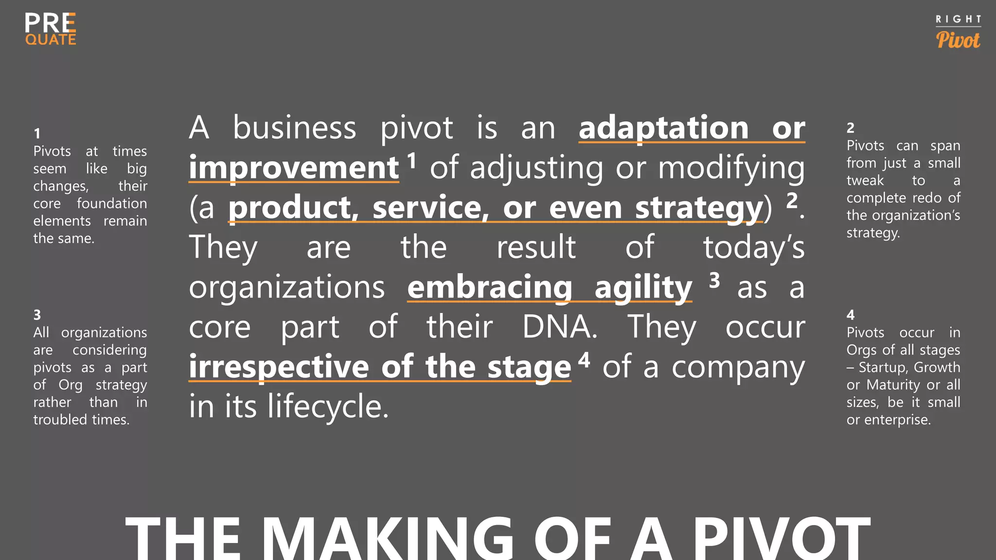 A business pivot is an adaptation or
improvement 1 of adjusting or modifying
(a product, service, or even strategy) 2.
They are the result of today’s
organizations embracing agility 3 as a
core part of their DNA. They occur
irrespective of the stage 4 of a company
in its lifecycle.
2
Pivots can span
from just a small
tweak to a
complete redo of
the organization’s
strategy.
1
Pivots at times
seem like big
changes, their
core foundation
elements remain
the same.
3
All organizations
are considering
pivots as a part
of Org strategy
rather than in
troubled times.
4
Pivots occur in
Orgs of all stages
– Startup, Growth
or Maturity or all
sizes, be it small
or enterprise.
 