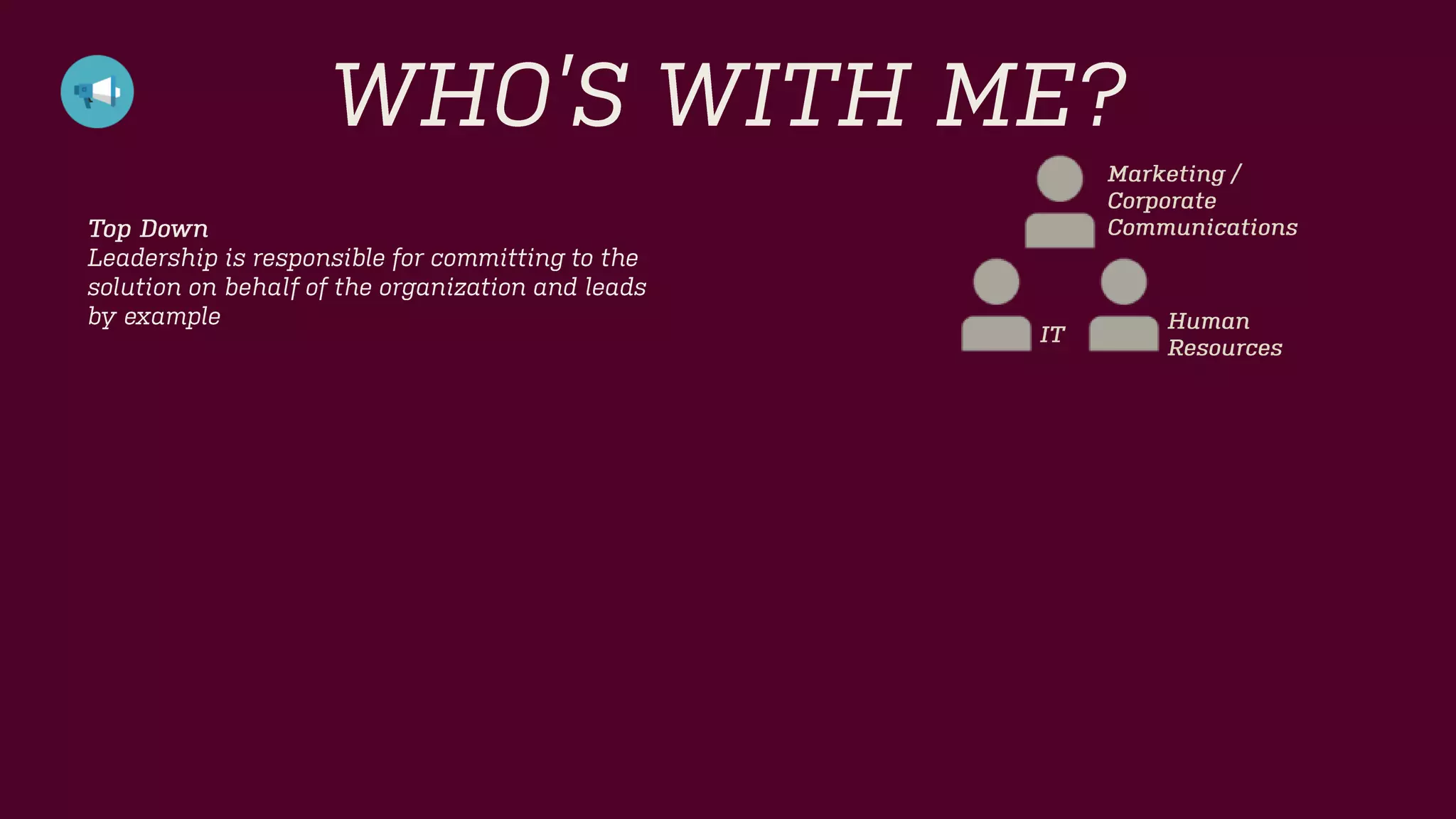 WHO’S WITH ME? 
Top Down 
Leadership is responsible for committing to the solution on behalf of the organization and leads by example 
Marketing / Corporate Communications 
IT 
Human Resources  