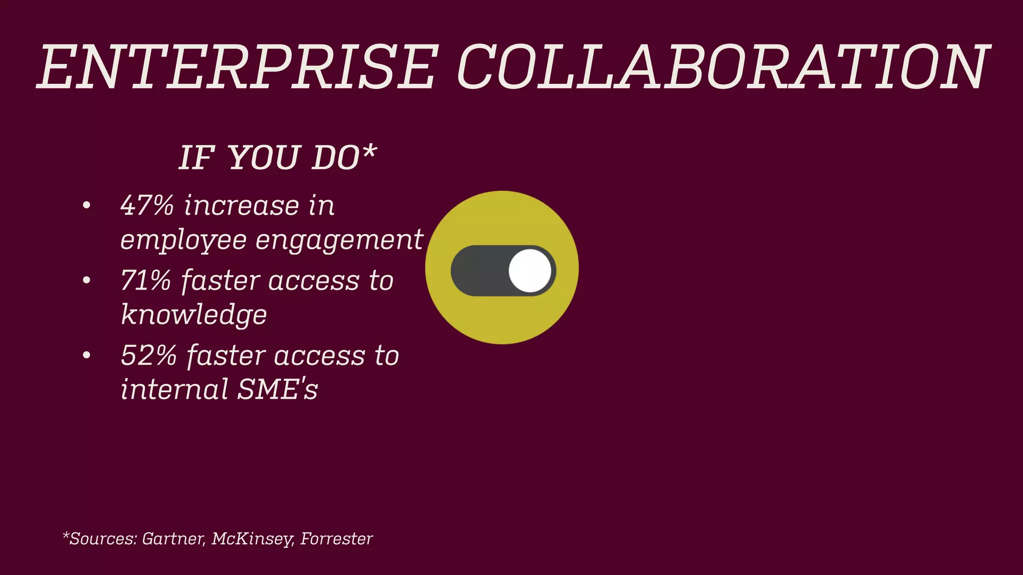ENTERPRISE COLLABORATION 
IF YOU DO* 
•47% increase in employee engagement 
•71% faster access to knowledge 
•52% faster access to internal SME’s 
*Sources: Gartner, McKinsey, Forrester  