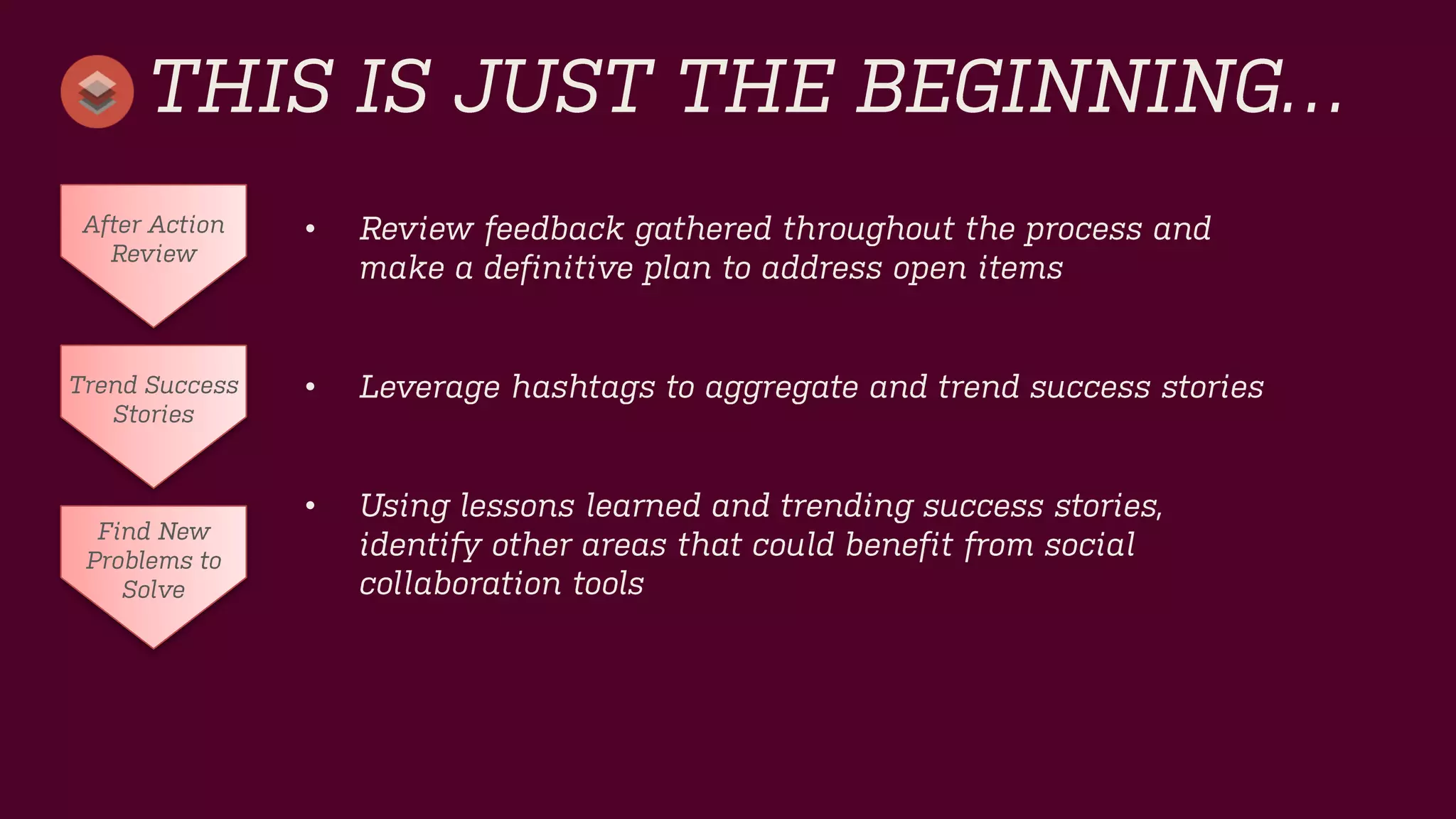 THIS IS JUST THE BEGINNING… 
•Review feedback gathered throughout the process and make a definitive plan to address open items 
After Action Review 
Trend Success Stories 
Find New Problems to Solve 
•Leverage hashtags to aggregate and trend success stories 
•Using lessons learned and trending success stories, identify other areas that could benefit from social collaboration tools  