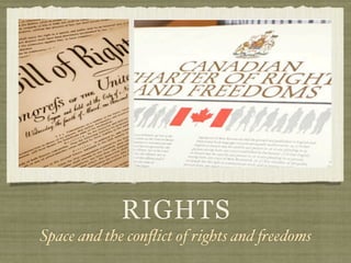 RIGHTS
Space and the conﬂict of rights and !eedoms
 