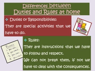 between
         Differences
    Duties and Rules at home
 Duties or Responsibilities:
They are special activities that we
have to do.
           Rules:
          They are instructions that we have
          to follow and respect.
          We can not break them, if not we
          have to deal with the consequences.
 